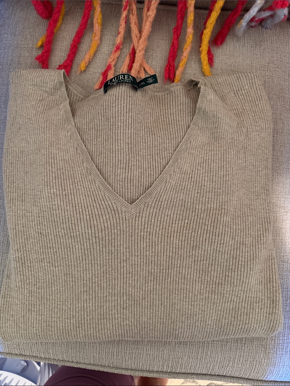 Lauren Ralph Lauren Taupe Ribbed V-Neck Sweater with Ruffle Sleeves